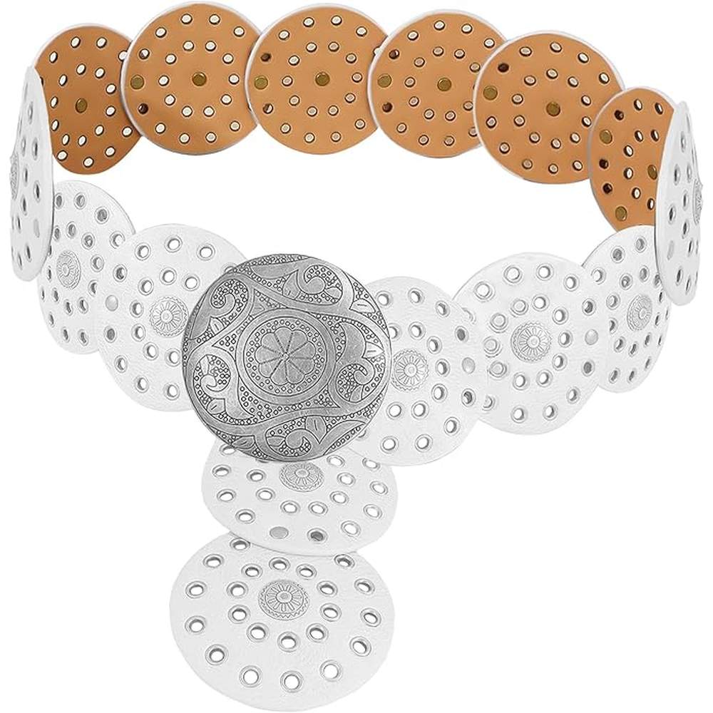 Zac's Alter Ego - White / Vintage Style Western Boho PU Disc Belt Taille riem - Wit